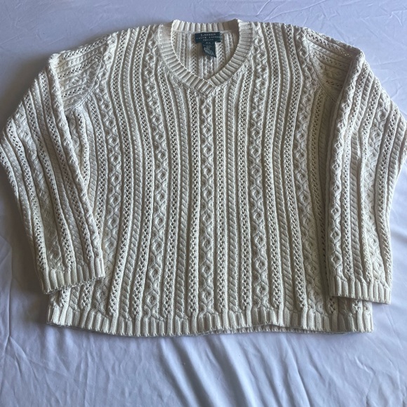 Lauren Ralph Lauren Petite P/S 100% Cotton Cable Knit V-Neck Sweater Ivory Cream - Picture 1 of 9